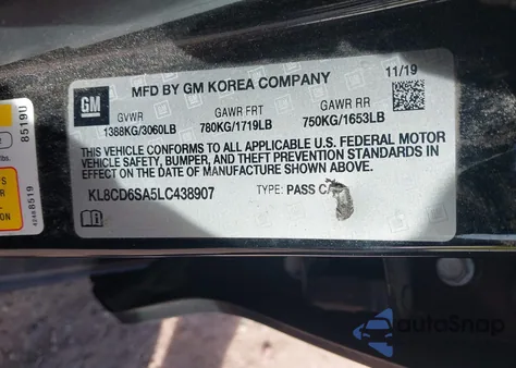 2020 Chevrolet Spark Fwd 1Lt Automatic z USA, uszkodzony, nr VIN KL8CD6SA5LC438907